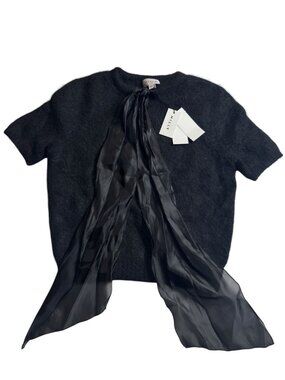 NWT MILLY Combination Bow Fuzzy Alpaca Sweater Womens Sz Small Black Chiffon Tie